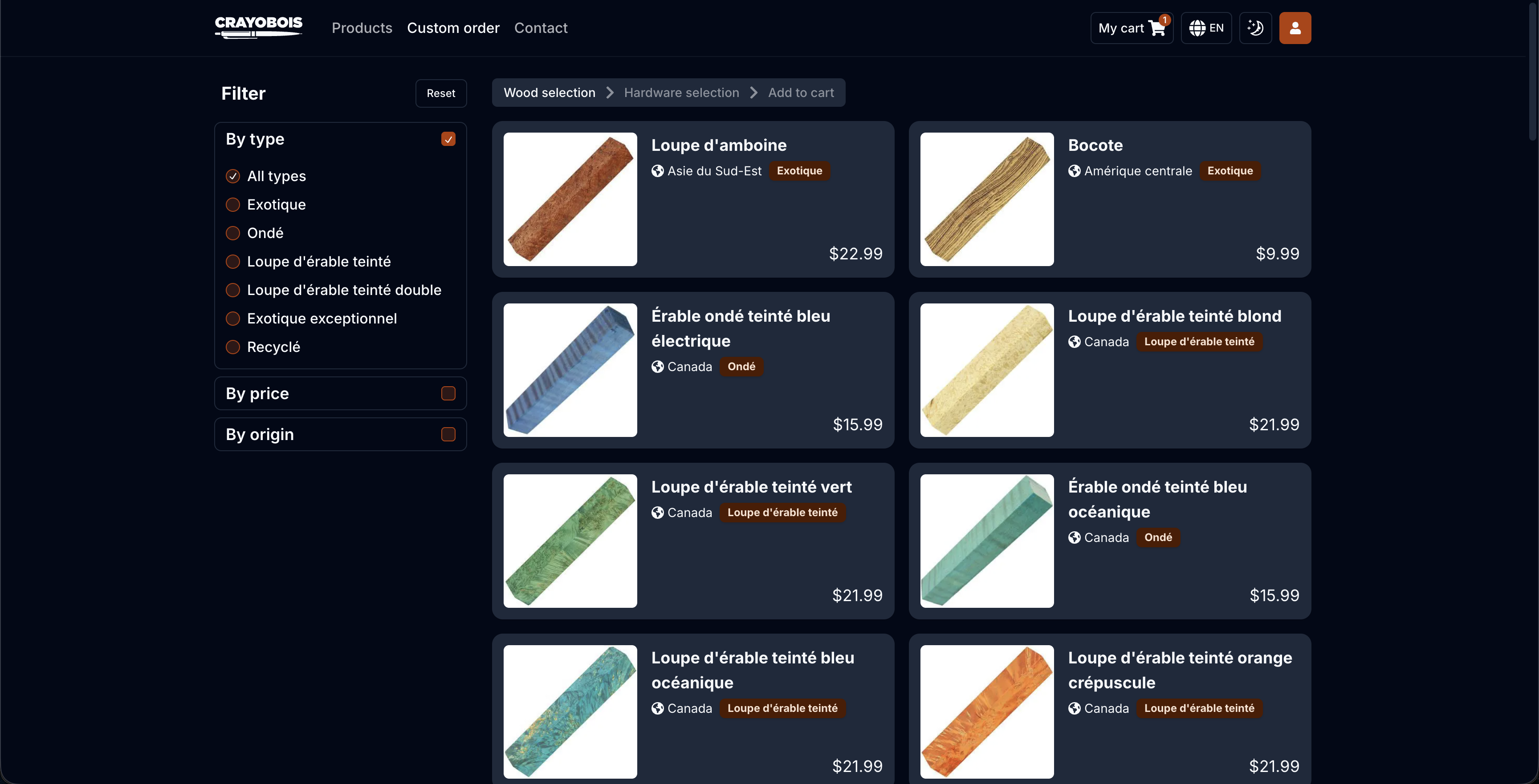 Crayobois e-commerce website featuring handcrafted wooden pens